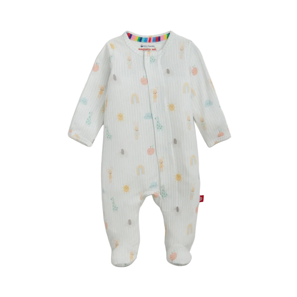 A baby footed sleeper in white ribbed cotton muslin fabric, featuring a colorful pastel print of rainbows, suns, clouds, and dots, with a rainbow-striped collar.