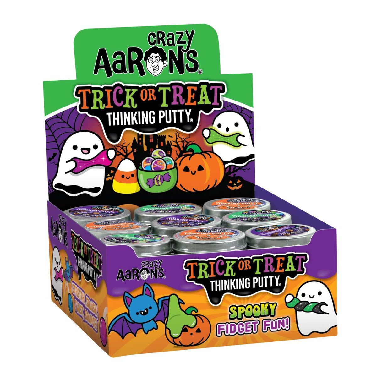 A retail display box of Crazy Aaron's Trick or Treat Thinking Putty, featuring multiple small round tin containers inside a Halloween-themed cardboard display with colorful cartoon graphics of ghosts, pumpkins, and candy corn.