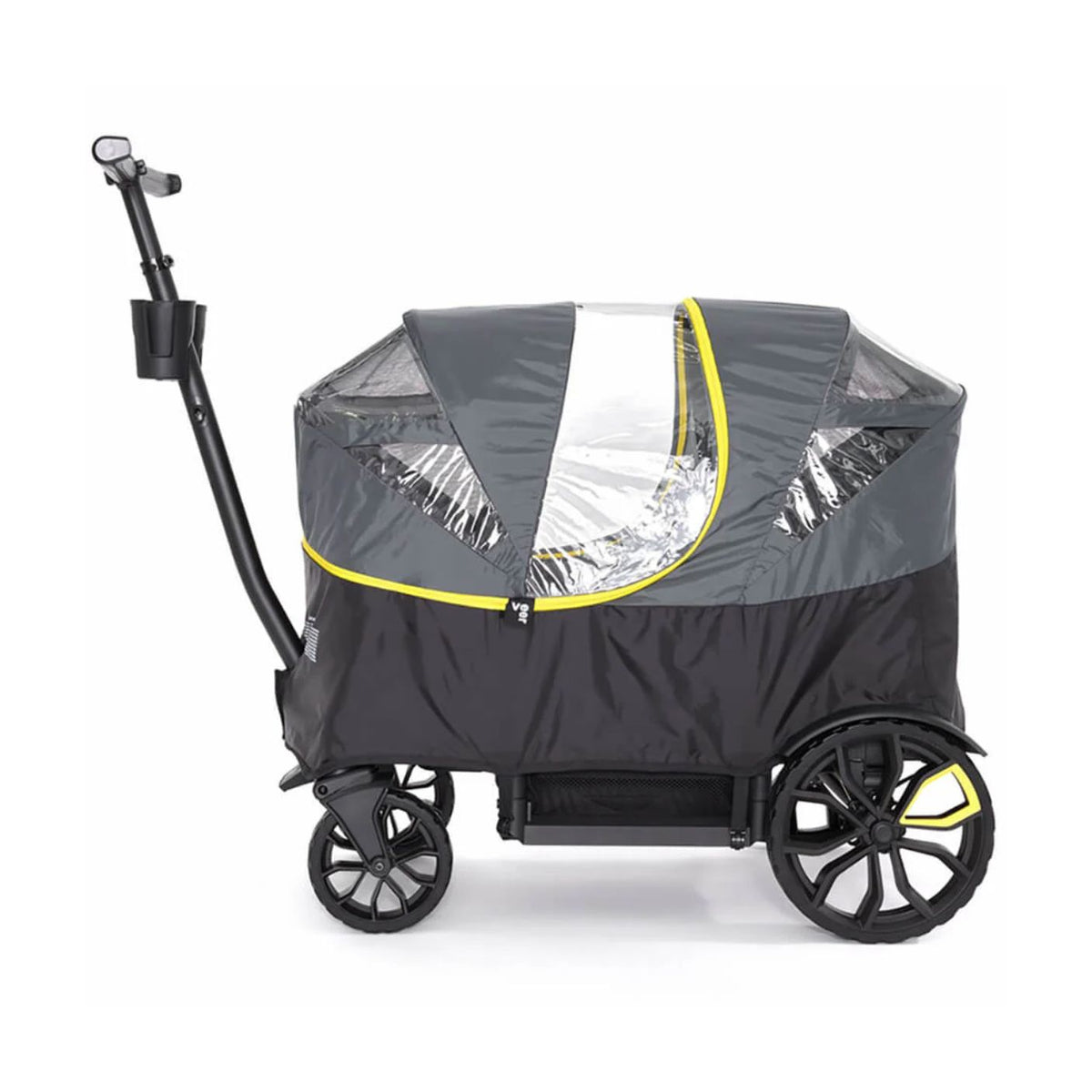 Black and gray stroller with transparent rain cover on a white background