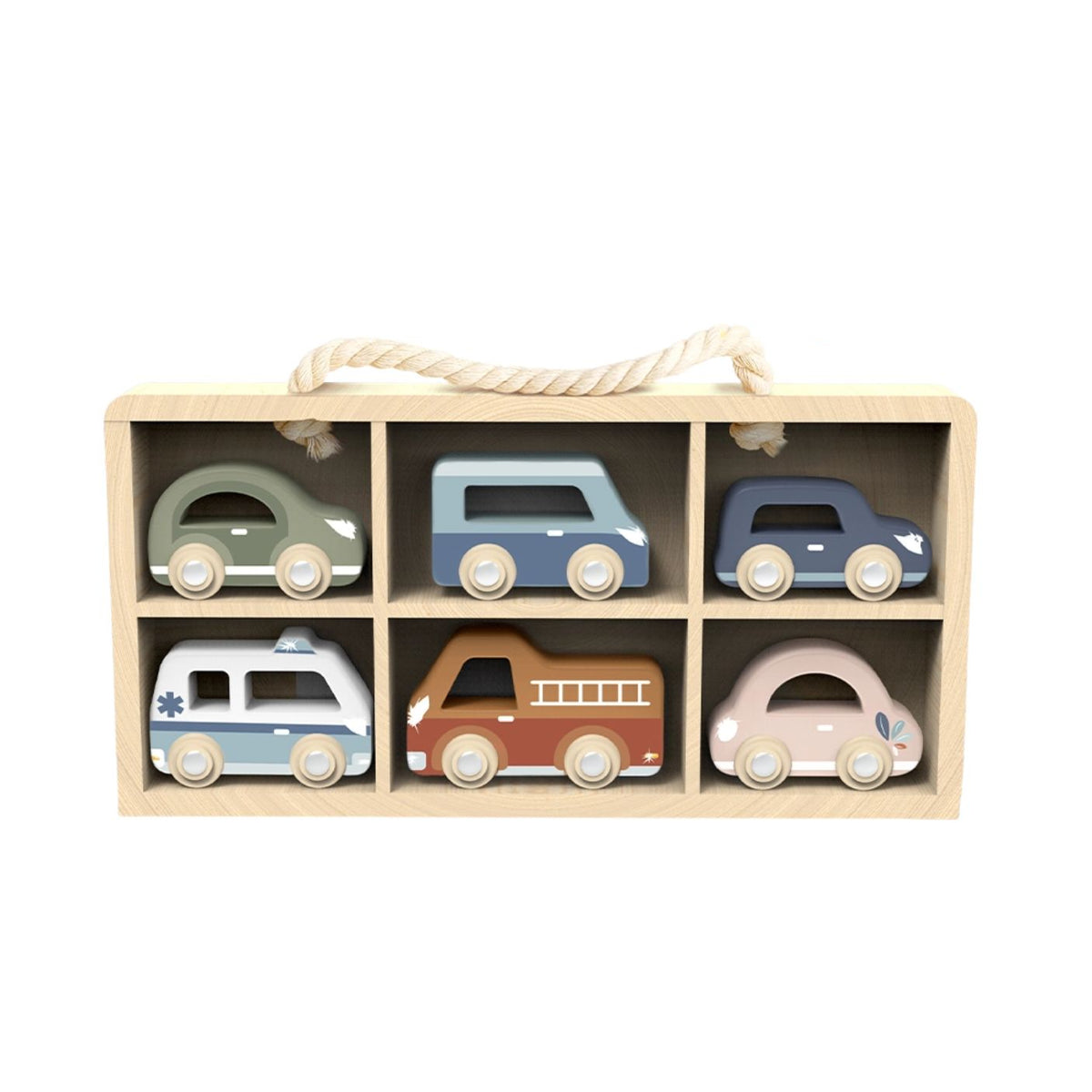 Set of wooden toy cars in a display box on a white background