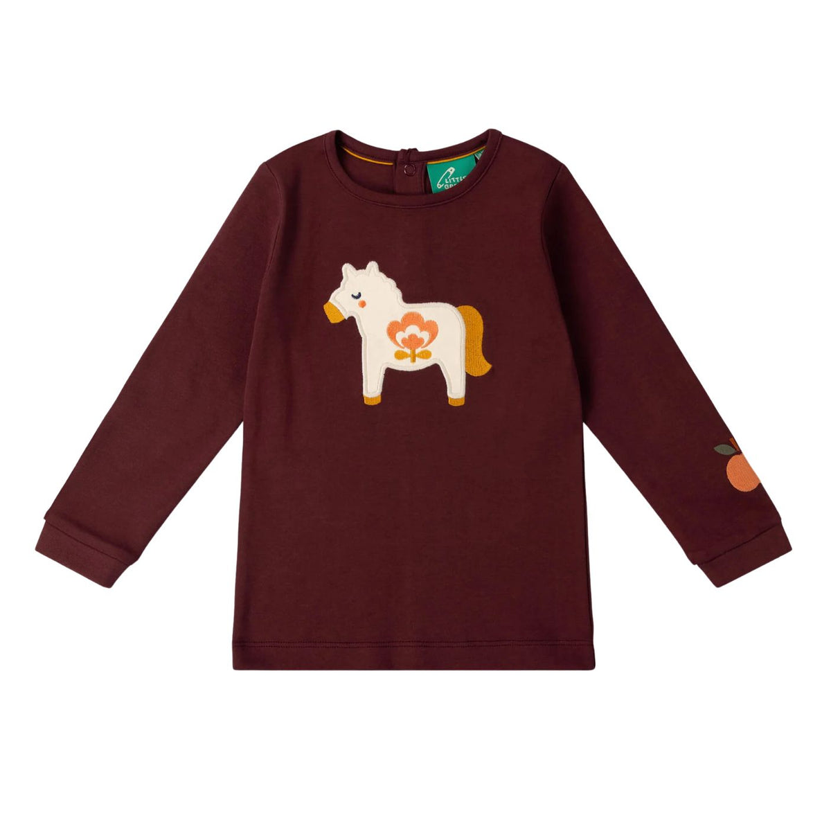 A dark maroon long-sleeve children's top featuring a white Dala horse graphic with orange and yellow details on the chest, and an orange patch on the sleeve, shown against a plain white background.