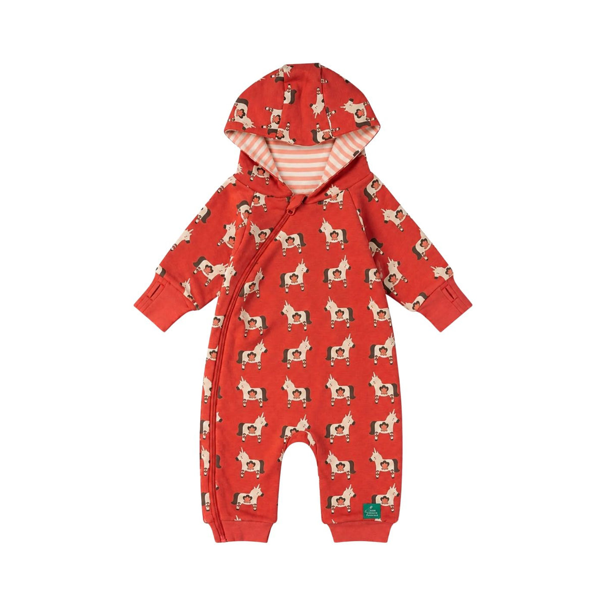 A baby hooded one-piece romper in red with an all-over dog print, featuring a striped hood lining and a front zipper, shown on a plain white background.