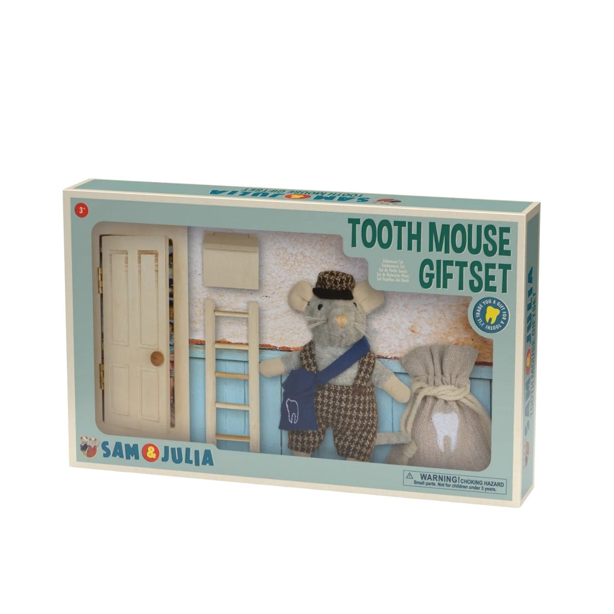 Sam & Julia Tooth Mouse Giftset in its original window box packaging, featuring a small mouse figure, miniature door, ladder, and tooth bag.
