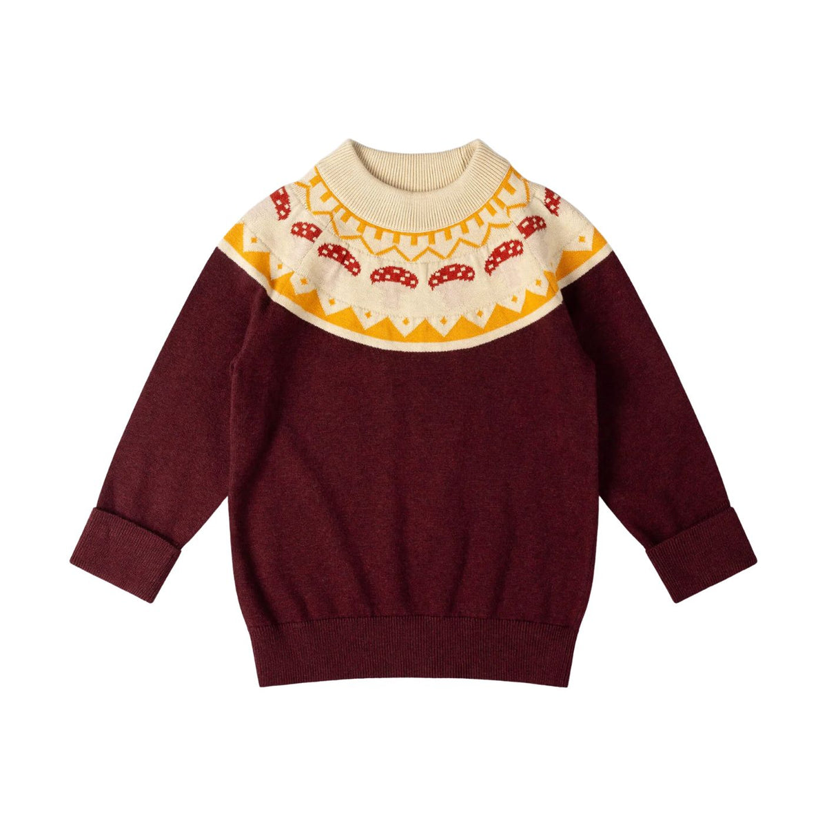 A long-sleeve knit sweater with a deep burgundy body and a cream yoke featuring a yellow geometric border and red mushroom motifs, shown on a plain white background.
