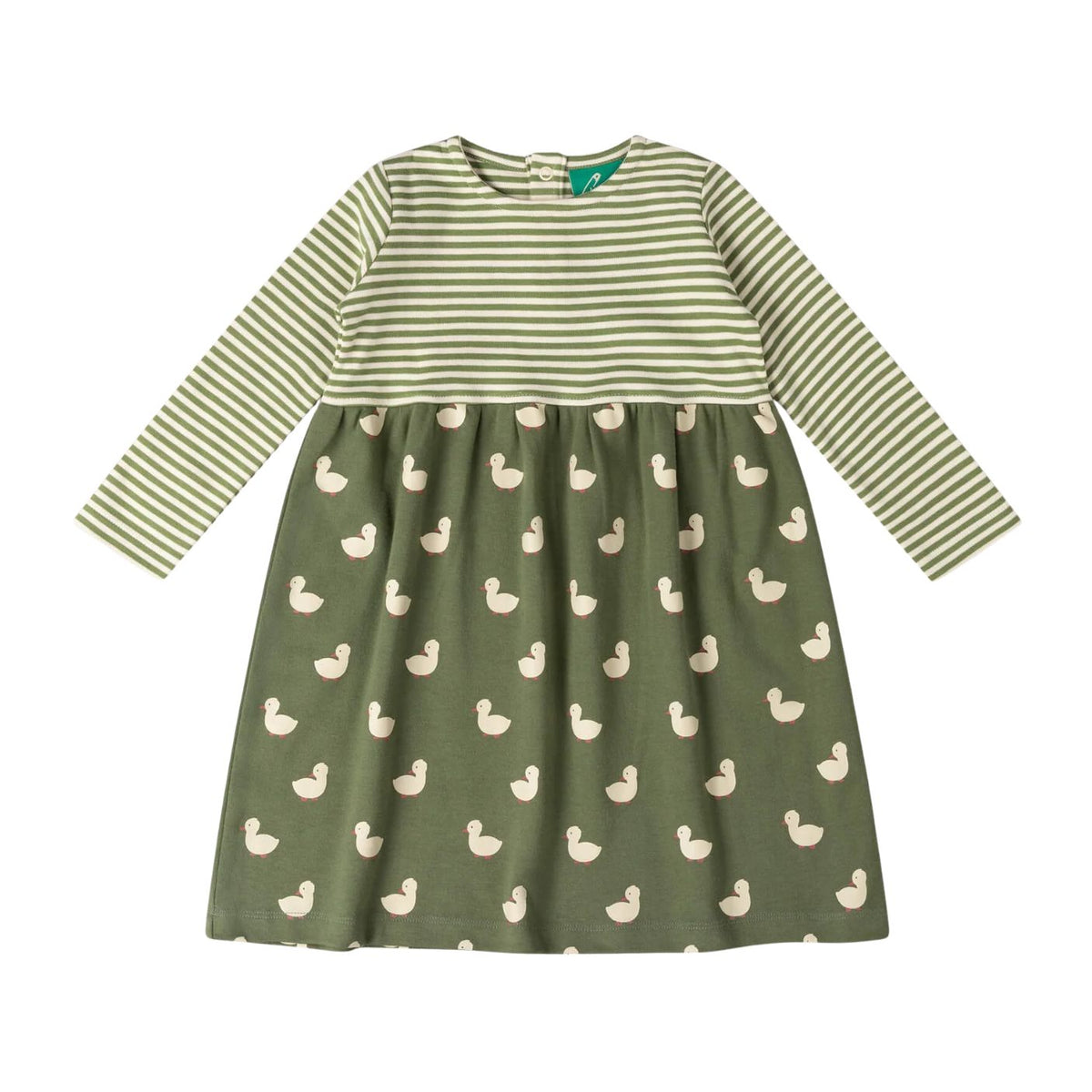 A long-sleeve children's dress in olive green, featuring a striped yoke and a skirt patterned with small cream duck motifs, shown flat on a white background.
