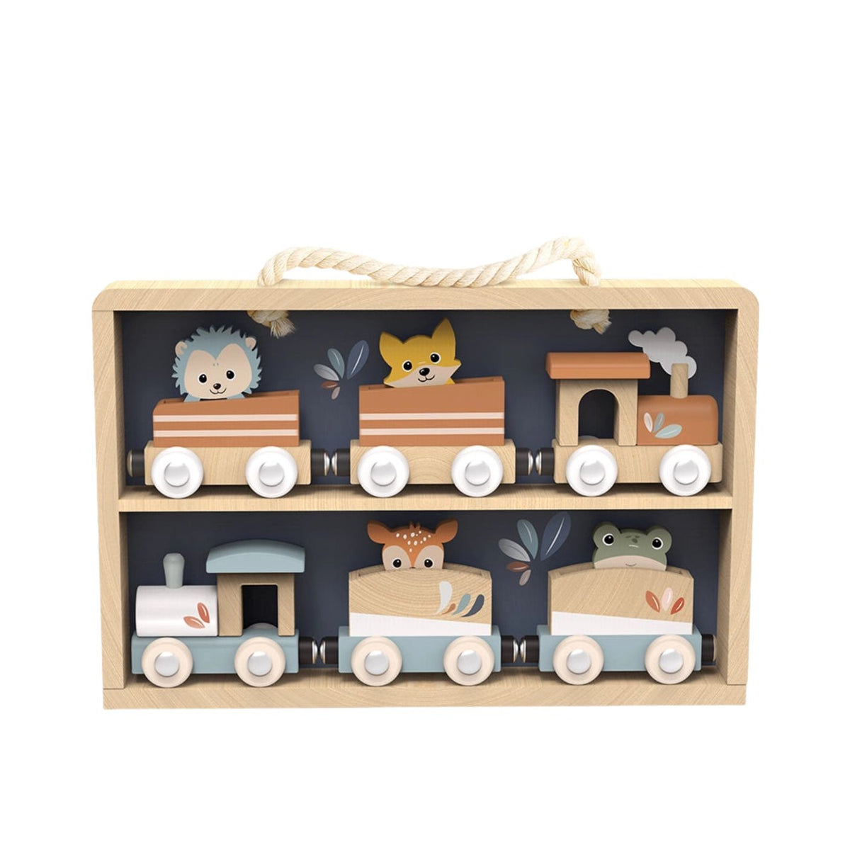 Wooden toy train set with animal figures in a box on a white background