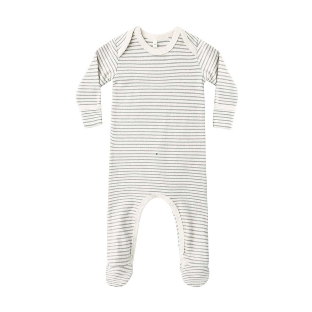 A long-sleeve baby footed sleeper with thin horizontal gray stripes on an off-white base, shown flat against a solid white background.