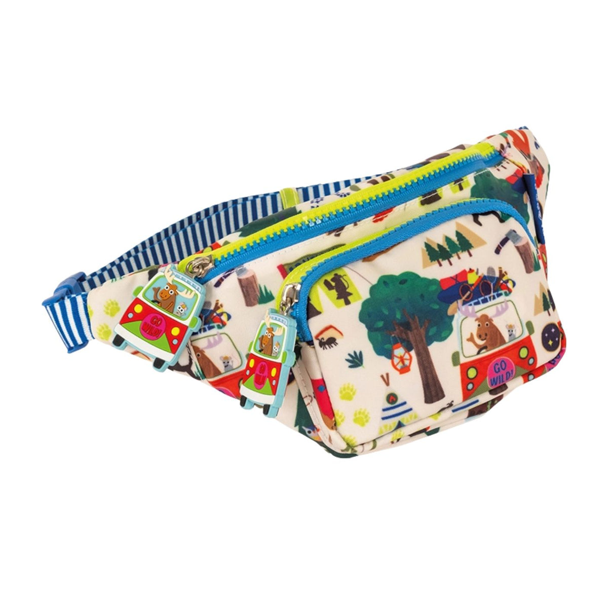 Colorful waist bag with cartoon designs on a white background