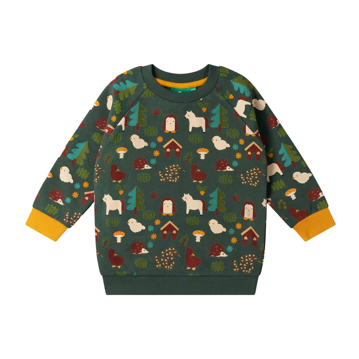 A dark green long-sleeve sweatshirt with a whimsical woodland animal print, featuring yellow ribbed cuffs and hem, displayed flat against a white background.