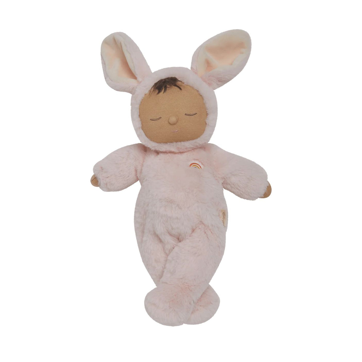 Plush toy resembling a baby in a bunny costume on a white background