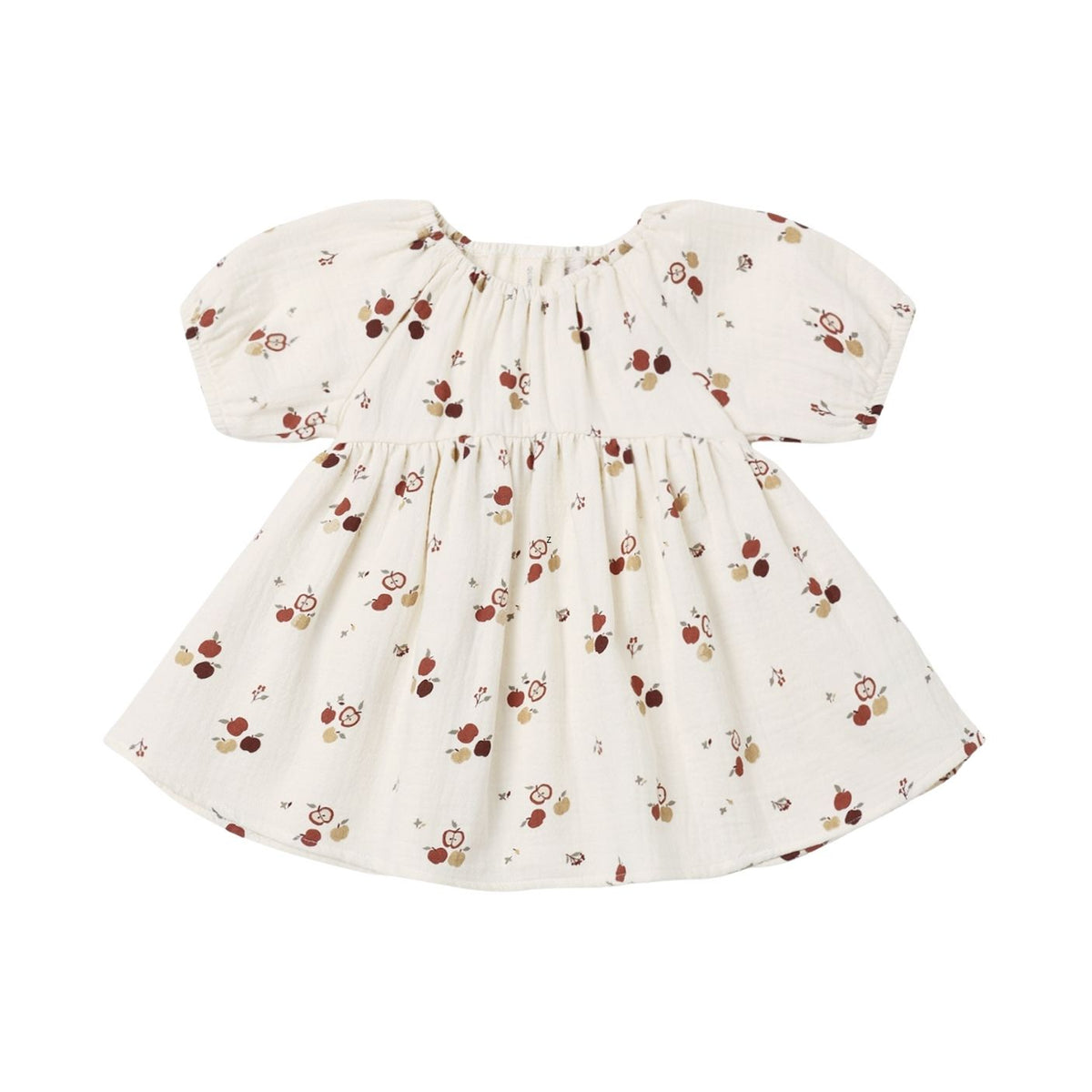 An off-white cotton dress with a small all-over print of brown and gold acorns and leaves, featuring short puff sleeves and a gathered waist.