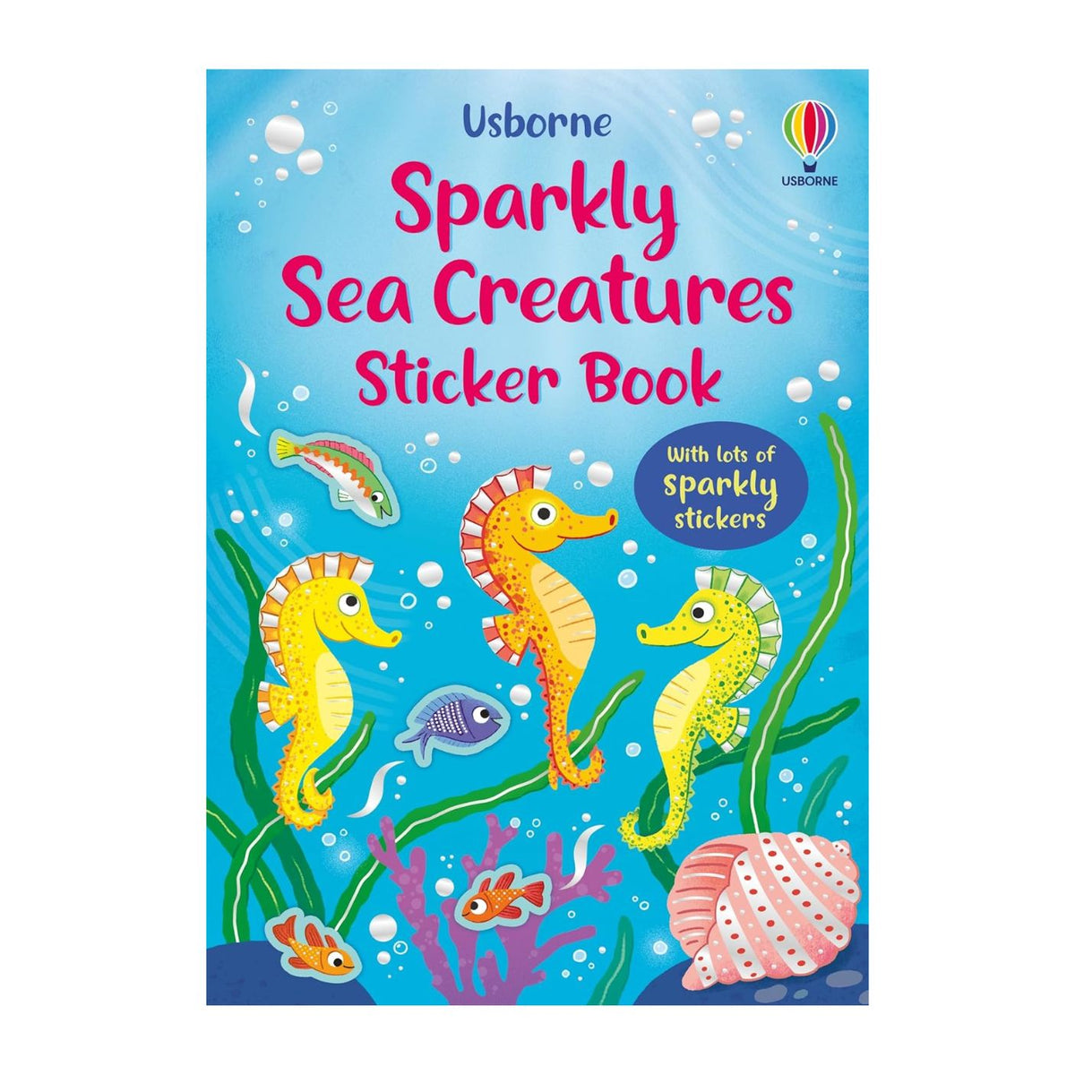 Usborne Sparkly Sea Creatures Sticker Book cover with seahorses and sea creatures on a blue background