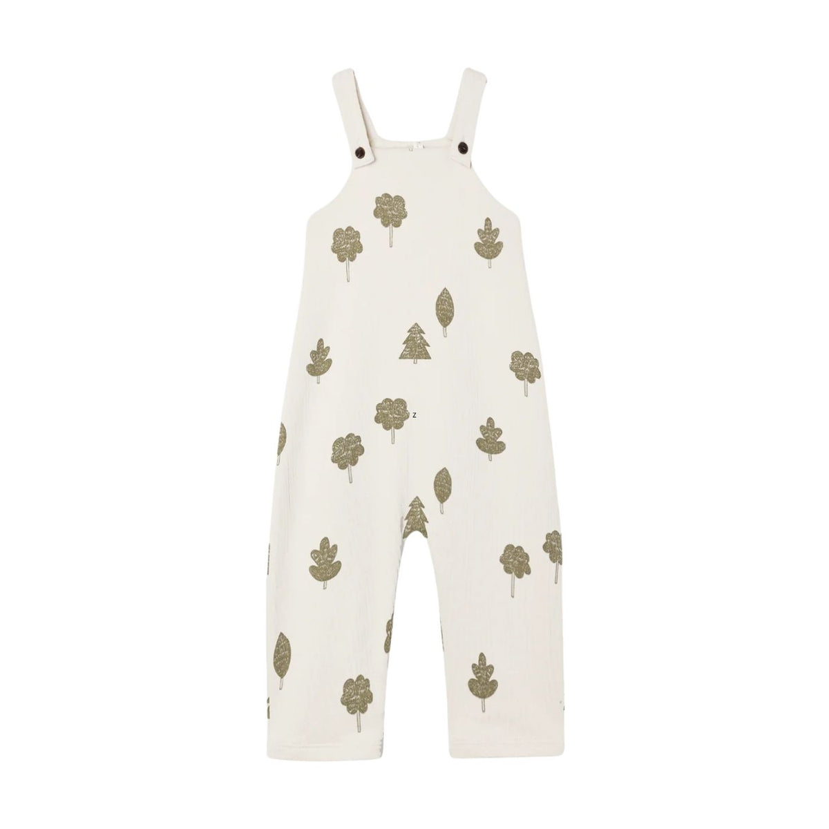 An off-white cotton overall jumpsuit with a green tree and leaf pattern, featuring adjustable shoulder straps and a footless bib design.