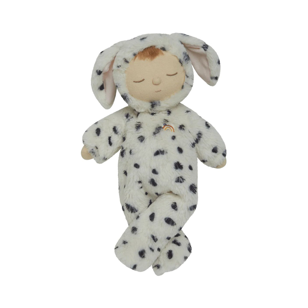 Stuffed toy resembling a baby in a dalmatian costume on a white background