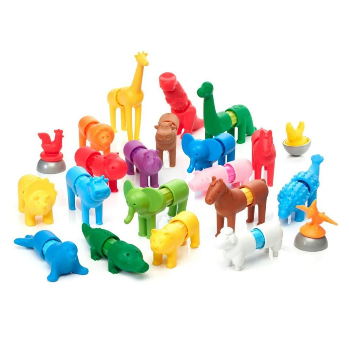 Colorful animal figurines on a white background