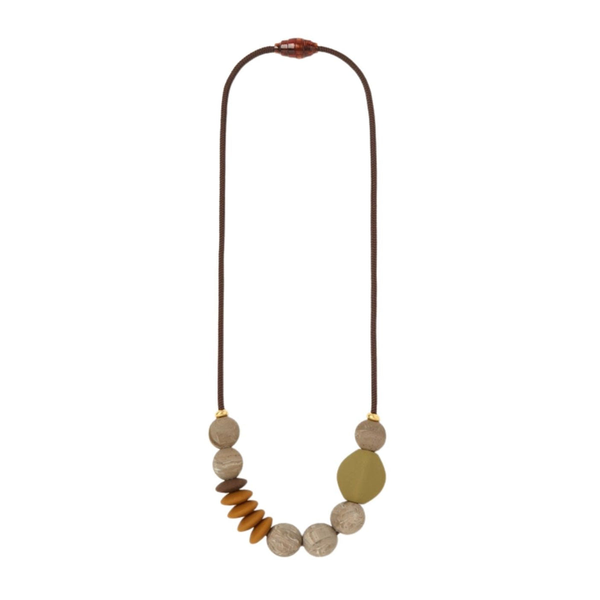 A beaded necklace featuring a dark brown cord, textured beige and gray stone beads, a large olive green disc, and a cluster of brown tiger's eye beads, displayed on a solid white background.