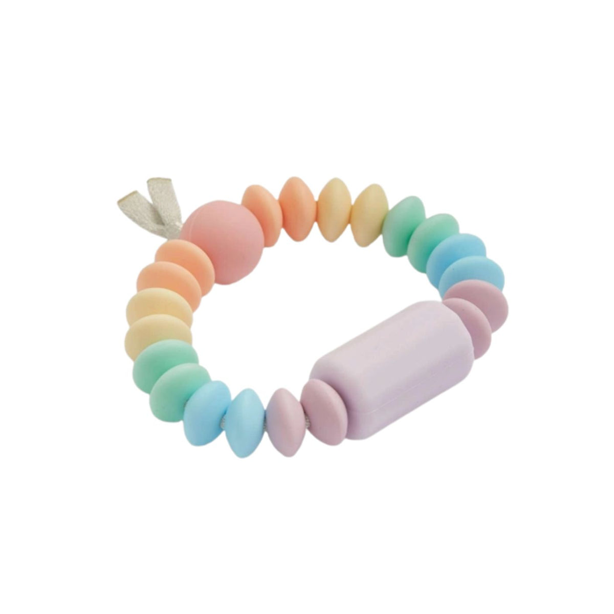 A pastel silicone beaded baby teether or pacifier clip bracelet on a solid white background. The beads are arranged in a rainbow sequence of peach, orange, yellow, mint green, light blue, and lavender, with a larger lavender cylindrical clasp.