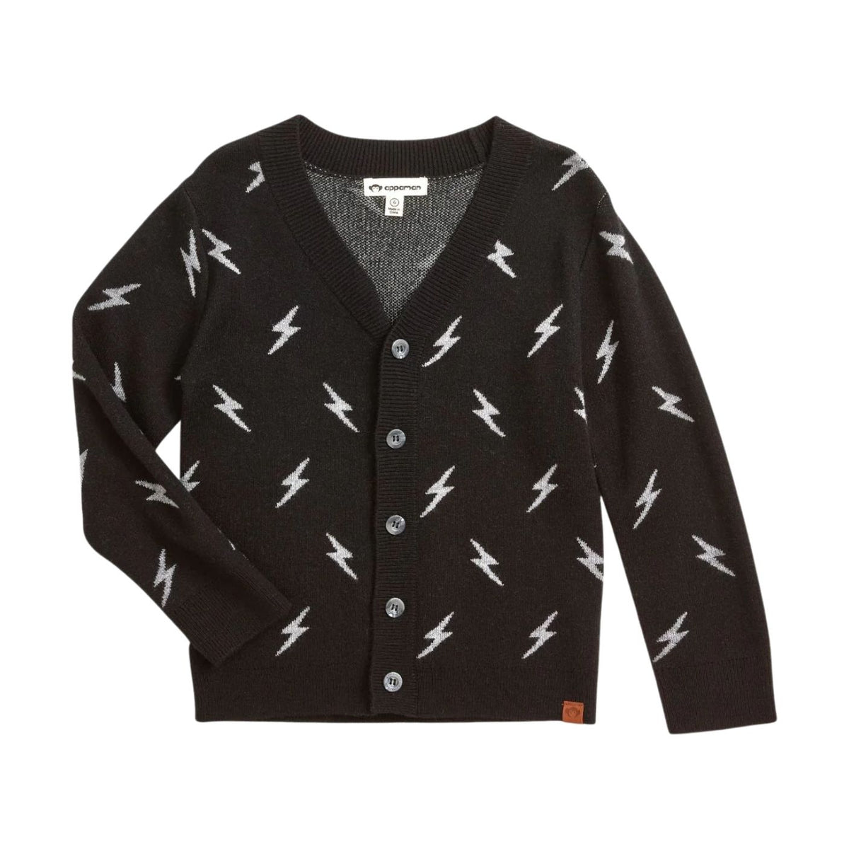 A black knit cardigan sweater with a repeating white lightning bolt pattern, featuring a gray V-neck interior, gray buttons, and a small brown brand tag near the bottom right hem.