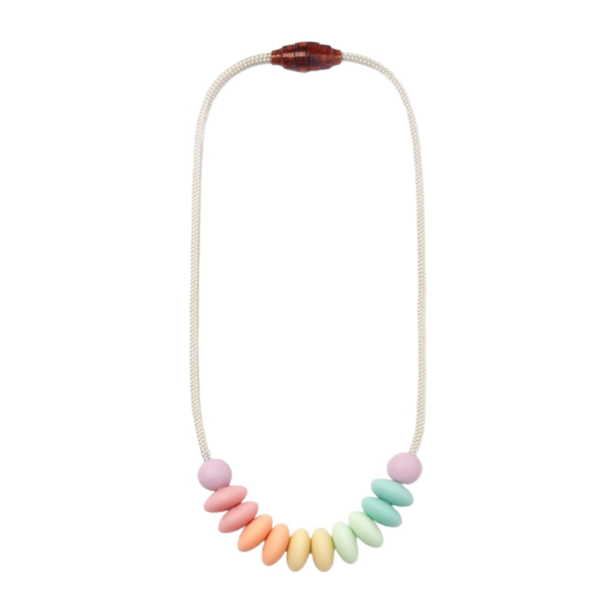 A pastel beaded necklace with a white braided cord, featuring a row of soft-colored oval beads in pink, peach, orange, yellow, mint, and light blue, finished with a dark reddish-brown bead clasp at the top.