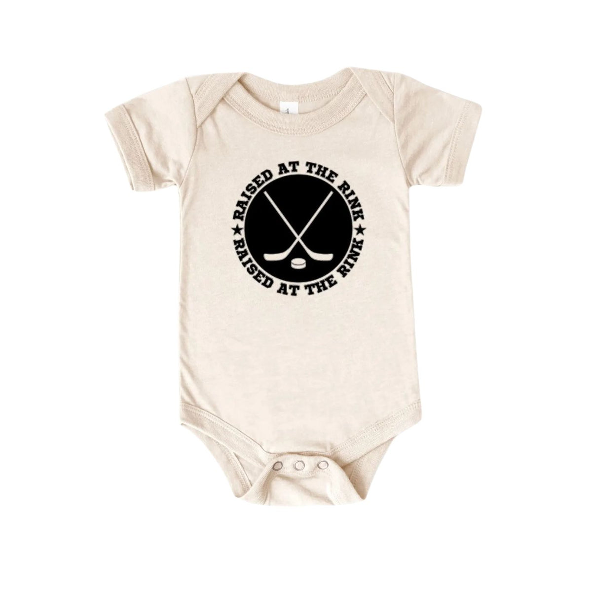 Beige baby onesie with black graphic and text on a white background