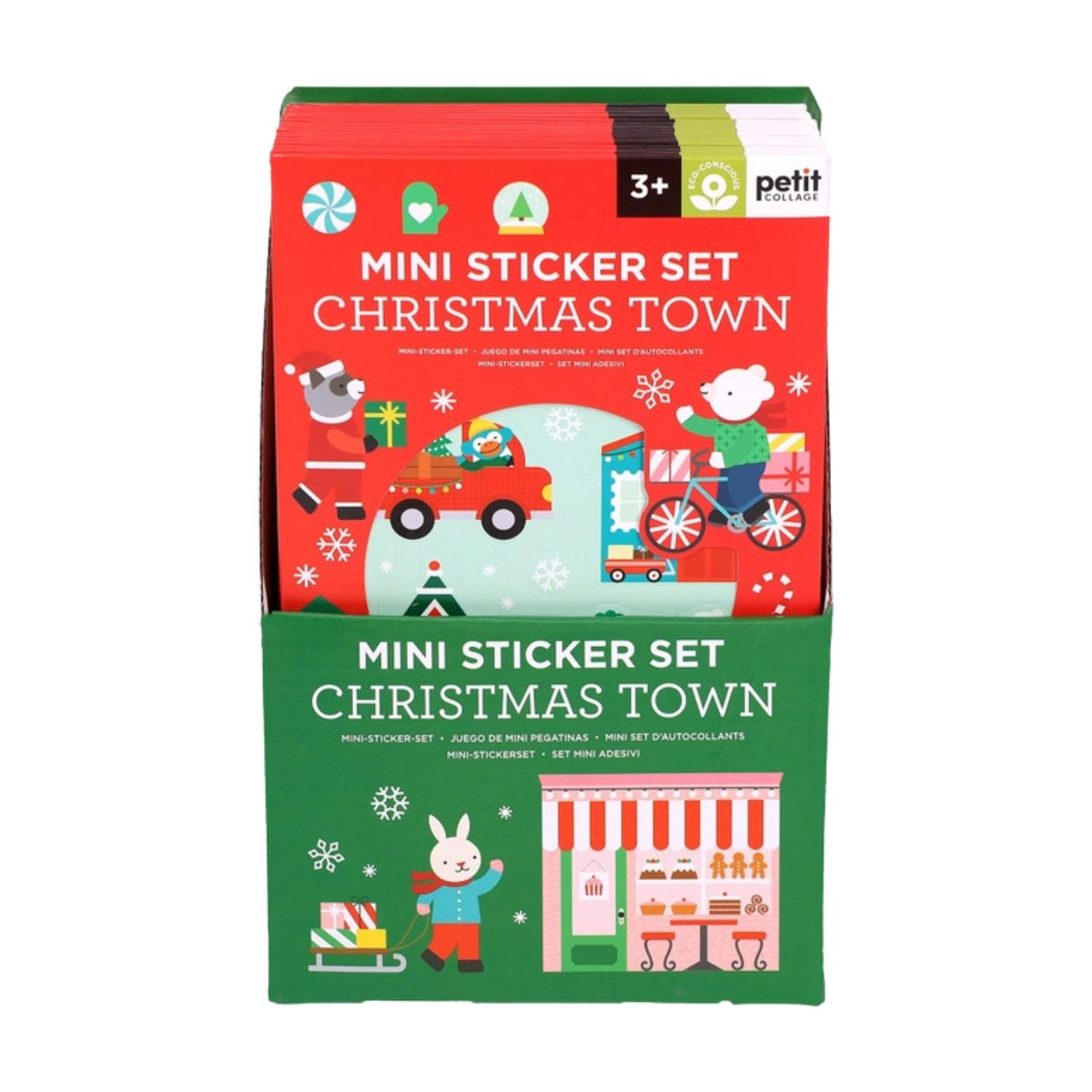 A product photo of the Christmas Town Mini Sticker Set by Petit Collage featuring two stacked festive packaging boxes with holiday-themed illustrations including Santa, animals, and winter scenes.