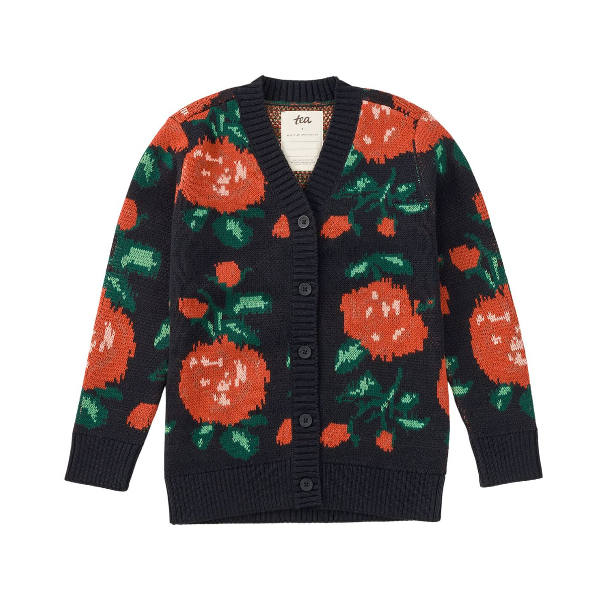 English Rose Long Cardigan in dark navy with an all-over knit pattern of bold orange-red English roses and green foliage, featuring a V-neckline and center button placket.