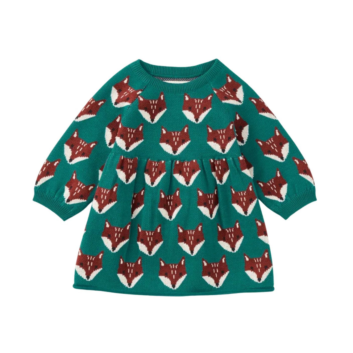 A green long-sleeved sweater dress featuring a repeating Fair Isle pattern of playful brown and white fox faces against an emerald background.