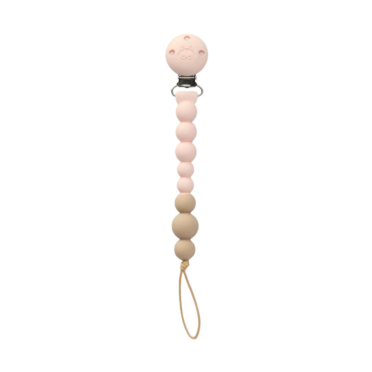 A pacifier clip with a pale pink silicone top, a matching pink silicone beaded strap, natural wood beads, and a tan loop on a solid white background.