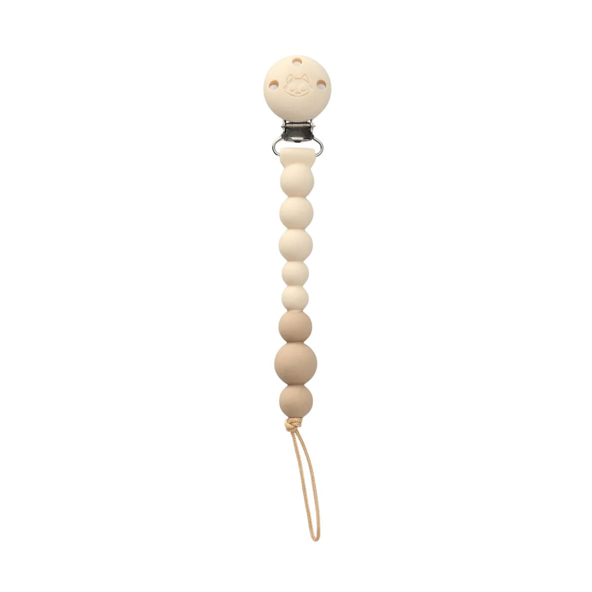 A natural wood pacifier clip with a smiling face carved on the top ball, a series of smooth wooden beads, and a matching wooden loop, shown on a solid white background.