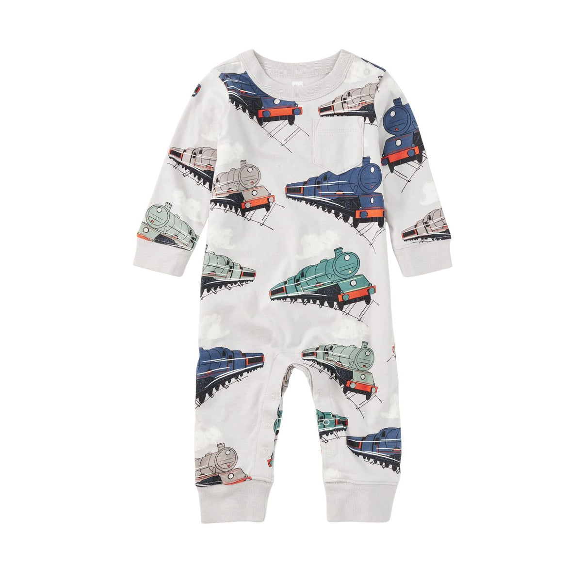 Long sleeve baby romper featuring an all-over vintage steam locomotive train print on a white background.