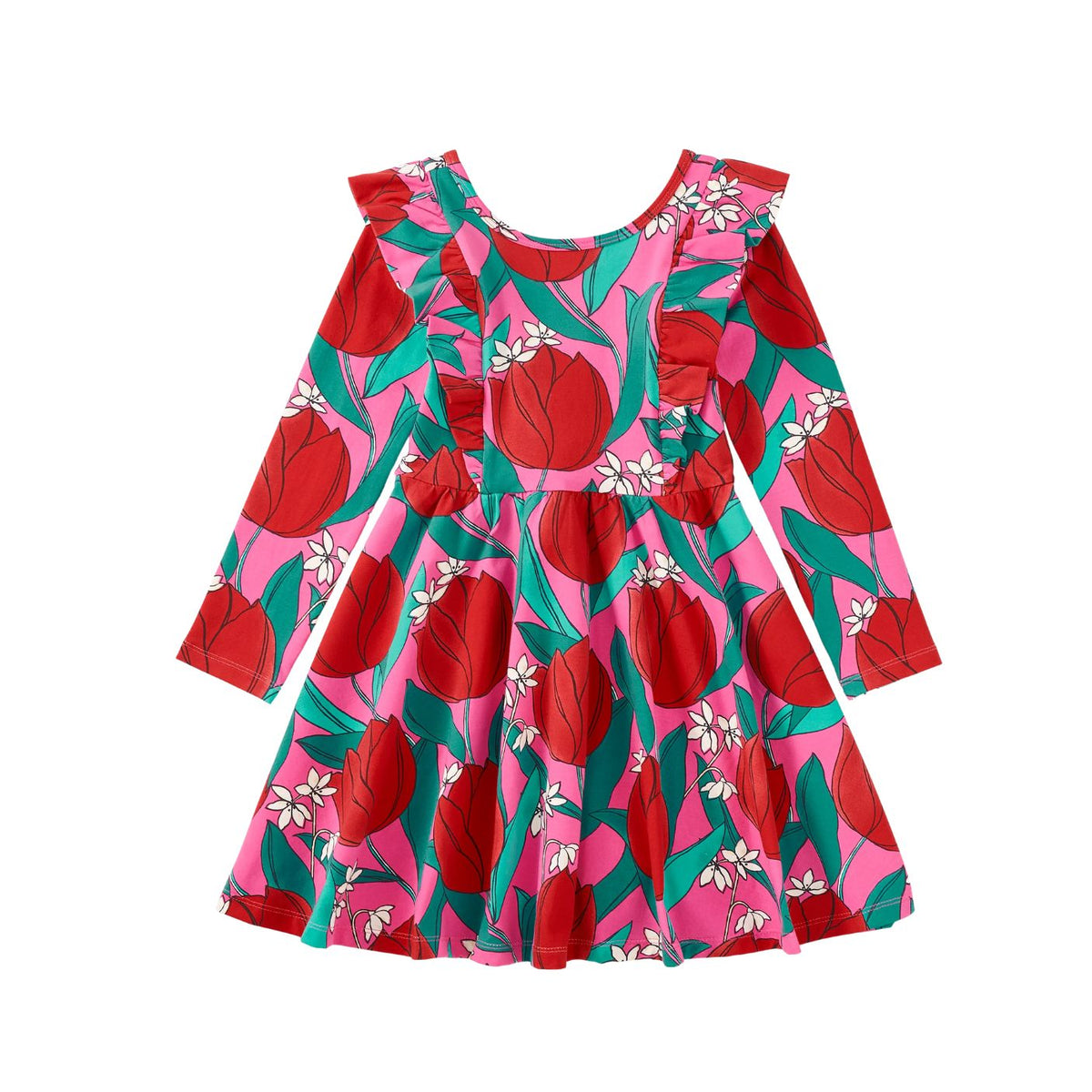 Ruffle Shoulder Ballet Dress - Tulip Twist in Pink by Tea Collection featuring long sleeves, a crew neckline, ruffled shoulder details, and an artist-drawn red tulip floral pattern over a pink background.