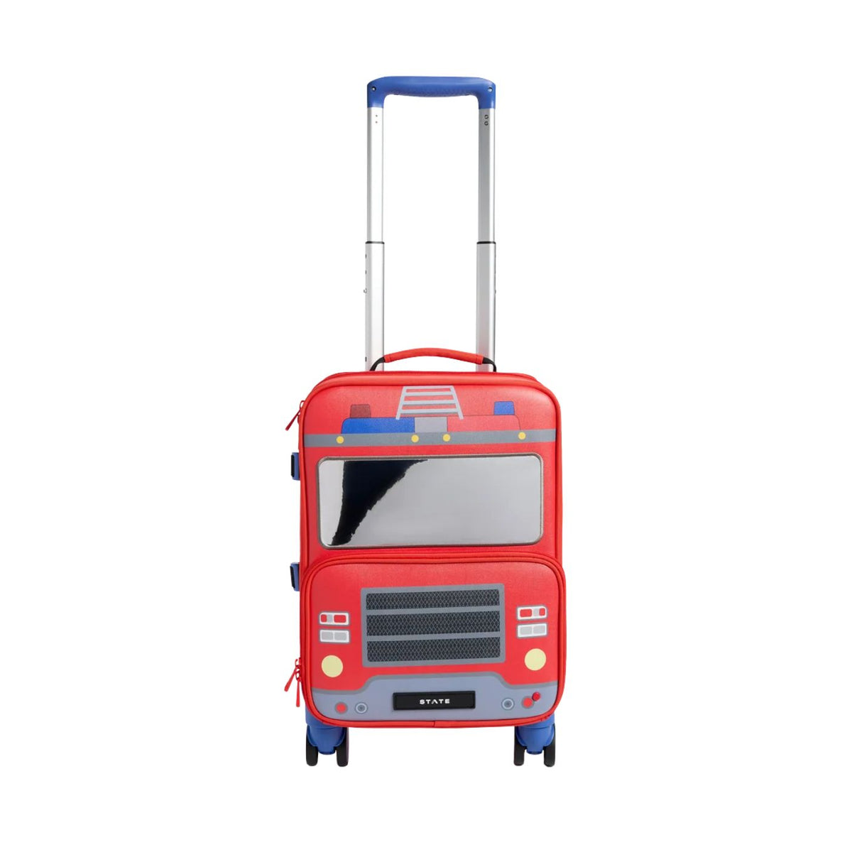 A red State Bags Mini Logan carry-on suitcase designed to look like a firetruck, featuring a blue telescopic handle, 360-degree spinner wheels, and front graphic details including headlights, a grille, and a windshield.