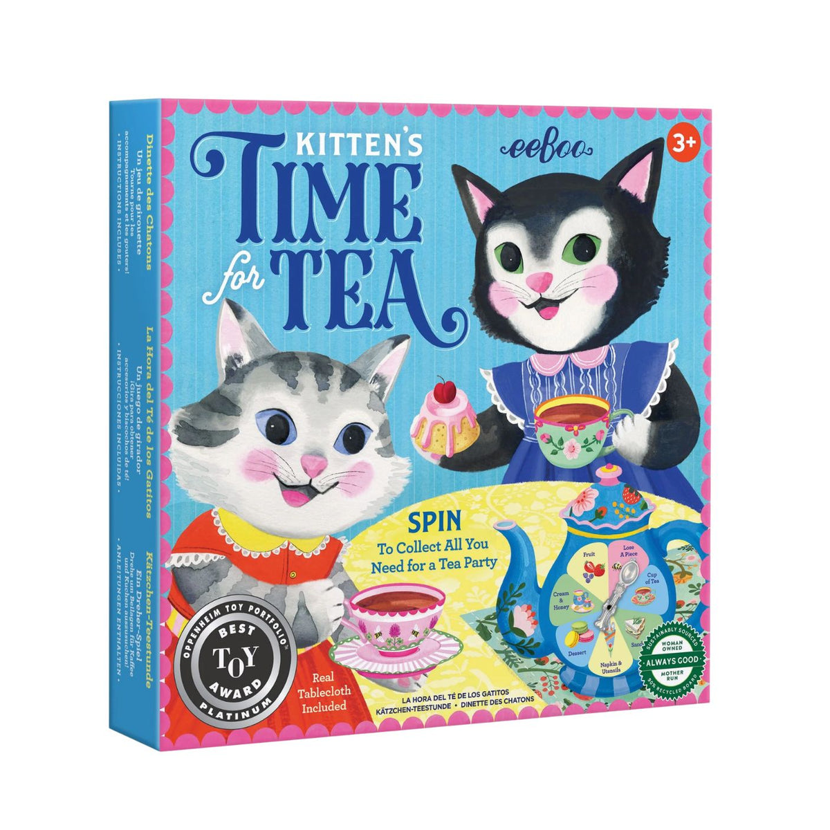 Kitten's Time for Tea Spinner Game box by eeBoo, showing whimsical illustrations of two cats dressed in Victorian-era clothing at a tea party, along with a teapot spinner, teacups, and text reading "Spin to Collect All You Need for a Tea Party."