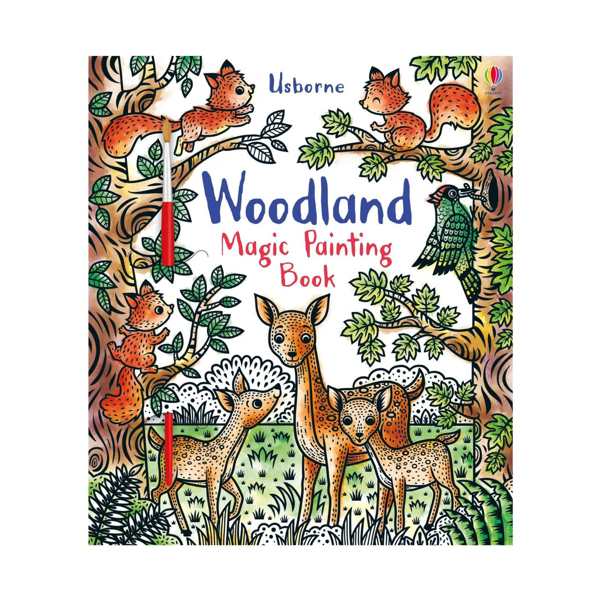 Usborne Woodland Magic Painting Book cover featuring a whimsical forest illustration with foxes, deer, a bird, and the title 'Woodland Magic Painting Book' on a white background.