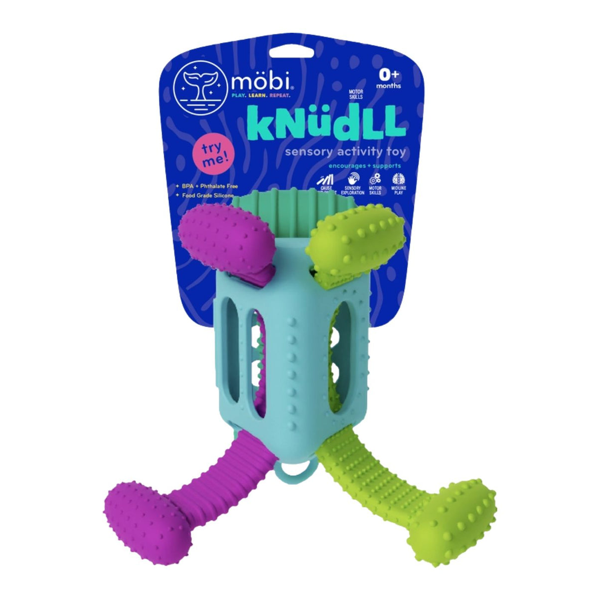 Möbi kNüdLL sensory activity toy for dogs, featuring a central light blue textured cube with three dangling textured rubber bones in purple, lime green, and teal, attached to a blue retail hanger card.