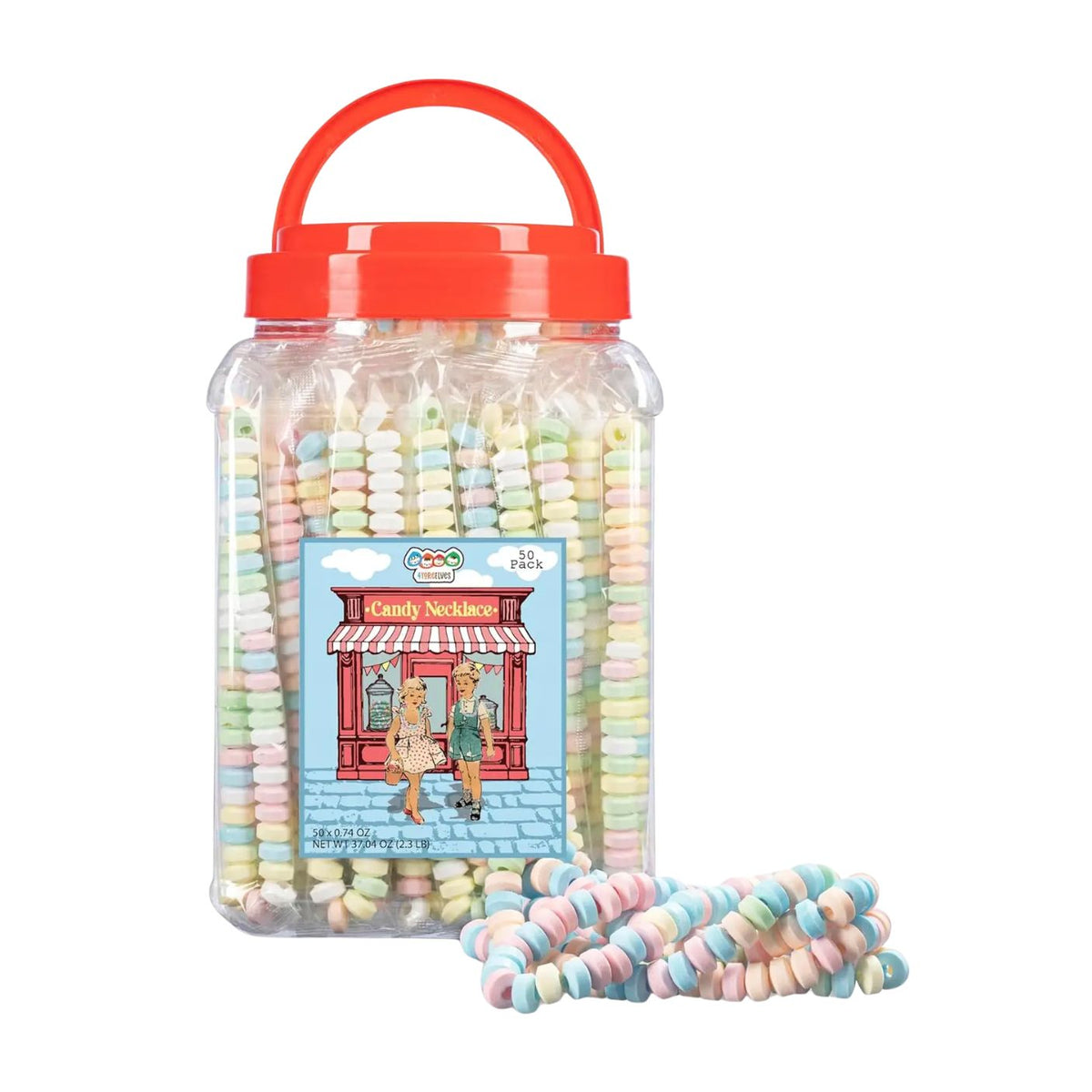 A clear plastic jar filled with pastel candy necklaces, topped with a bright orange-red handle lid. A colorful label on the front reads 'Candy Necklaces' with an illustration.