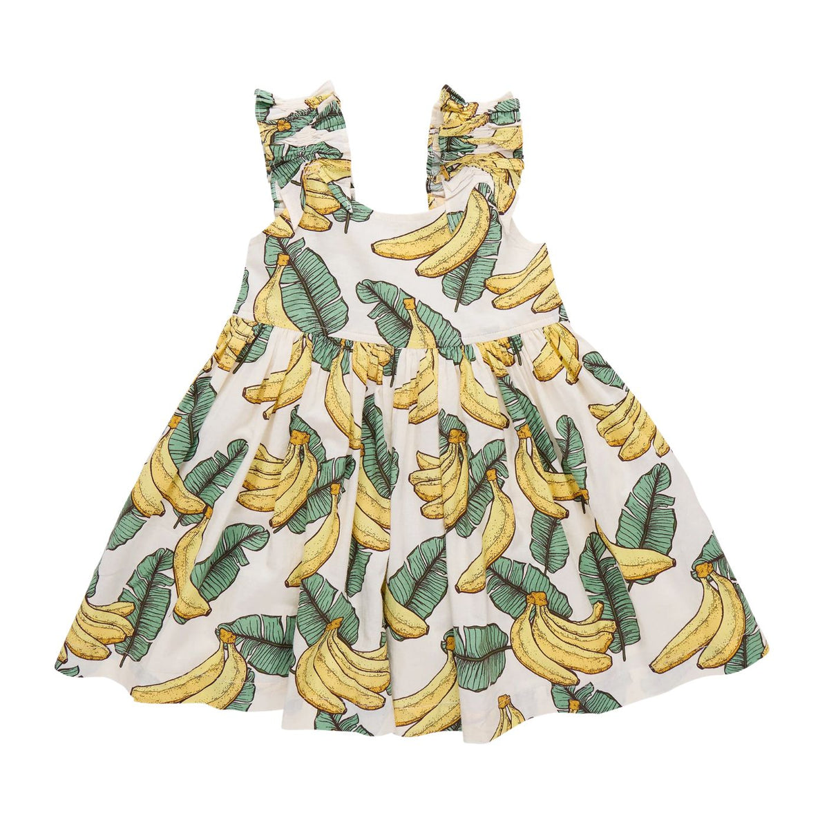 A sleeveless white dress with a banana and banana leaf print, featuring ruffled shoulder straps and a flared skirt, shown on a plain white background.