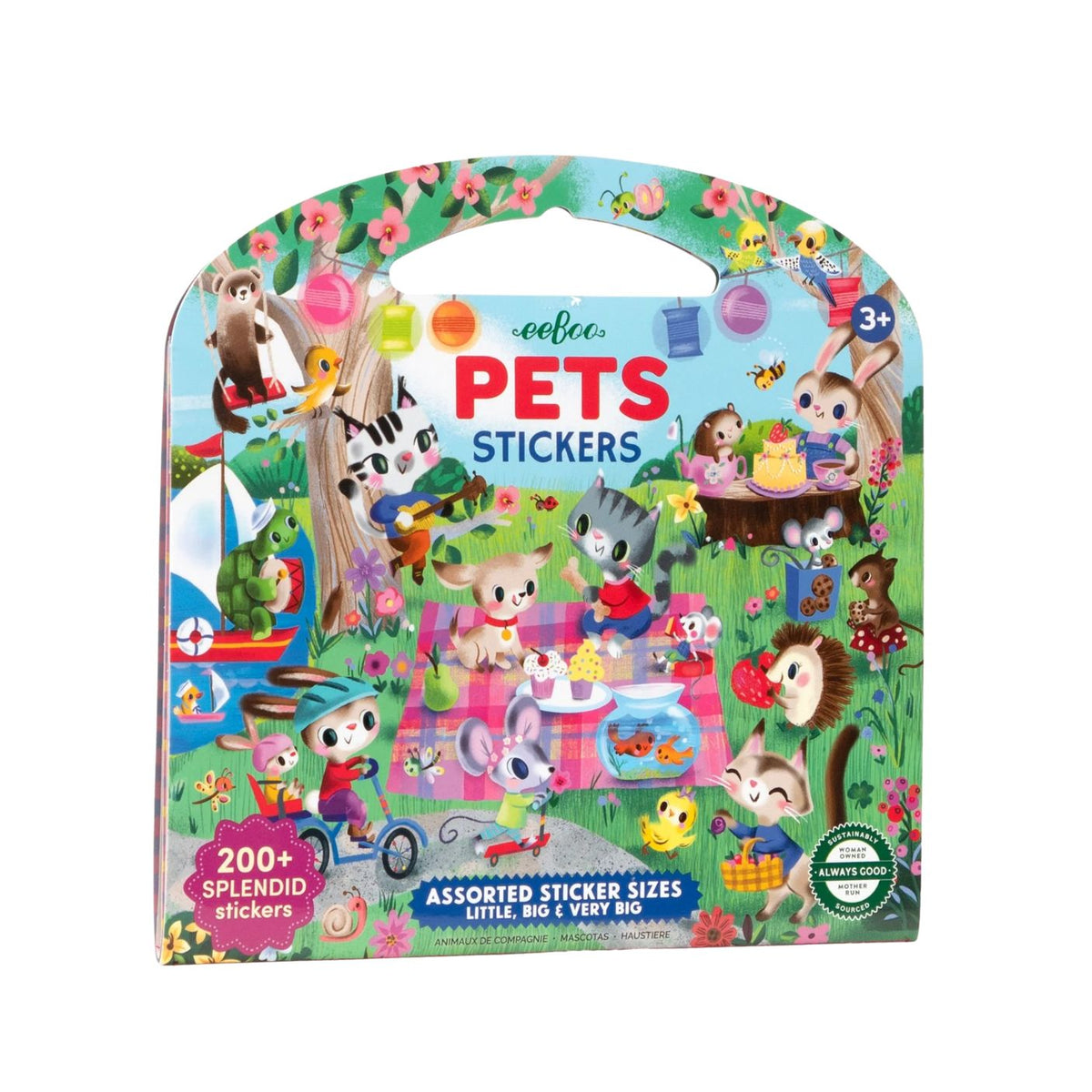 Pets Stickers by Eeboo packaging showing an arched, colorful box filled with vibrant animal illustrations including dogs, cats, birds, and other pets, with text labeling it as containing over 200 stickers in little, big, and very big assorted sizes.