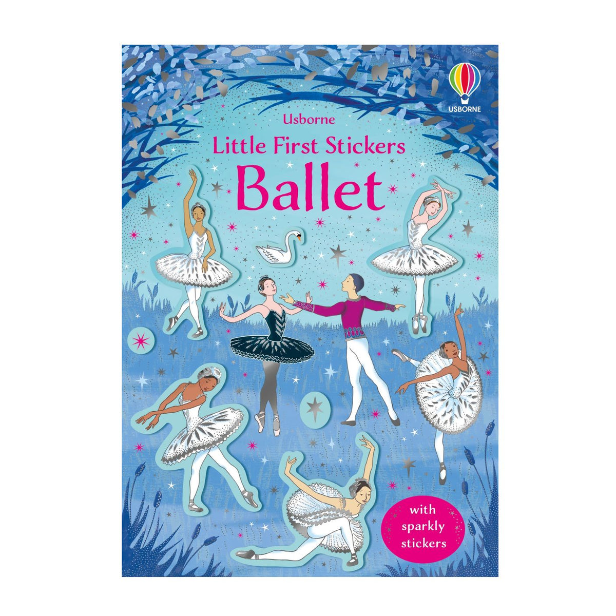 Usborne Little First Stickers Ballet sticker book cover, featuring colorful illustrations of ballet dancers, swans, and stars on a blue background with sparkly accents.