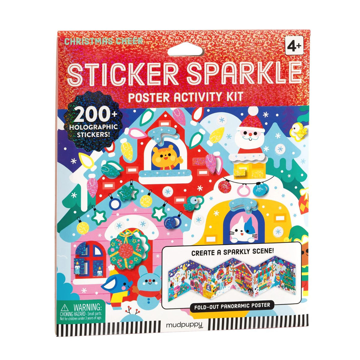 The product packaging for the Mudpuppy Christmas Cheer Sticker Sparkle Poster Activity Kit, featuring a colorful holiday scene with festive animal characters, festive text, and a small preview of the fold-out panoramic poster included inside.