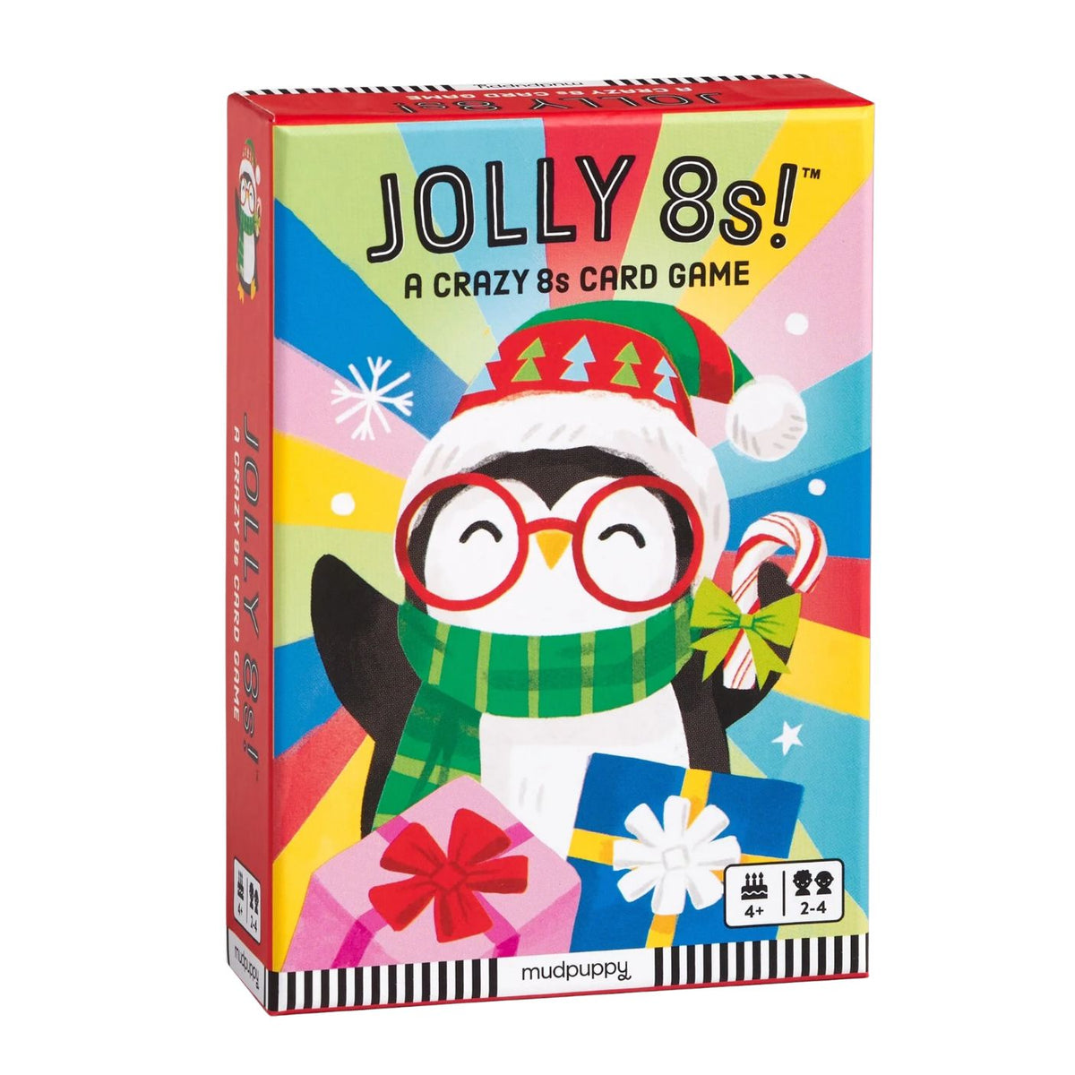 Product packaging for Jolly 8s! Card Game by Mudpuppy featuring a cartoon penguin wearing a Santa hat and scarf, surrounded by presents and holiday decorations against a colorful background.