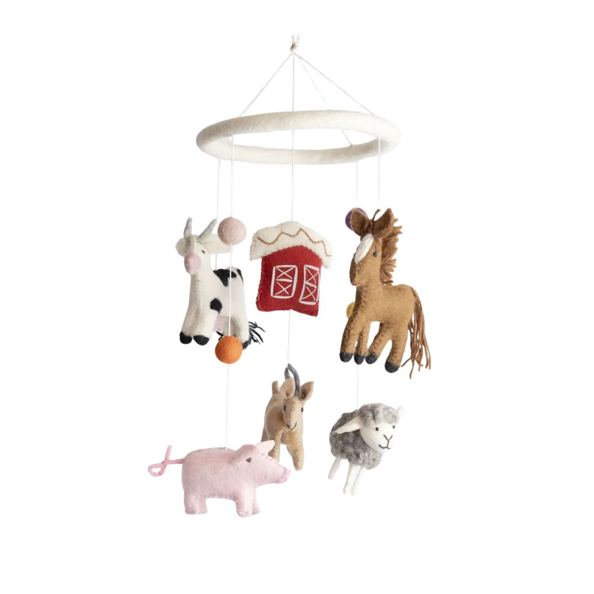 A felt baby mobile with farm animal and barn shapes hanging from a white circular ring. The mobile includes a white cow with black spots, a red barn, a brown horse, a pink pig, a tan deer, and a gray sheep, shown on a plain white background.
