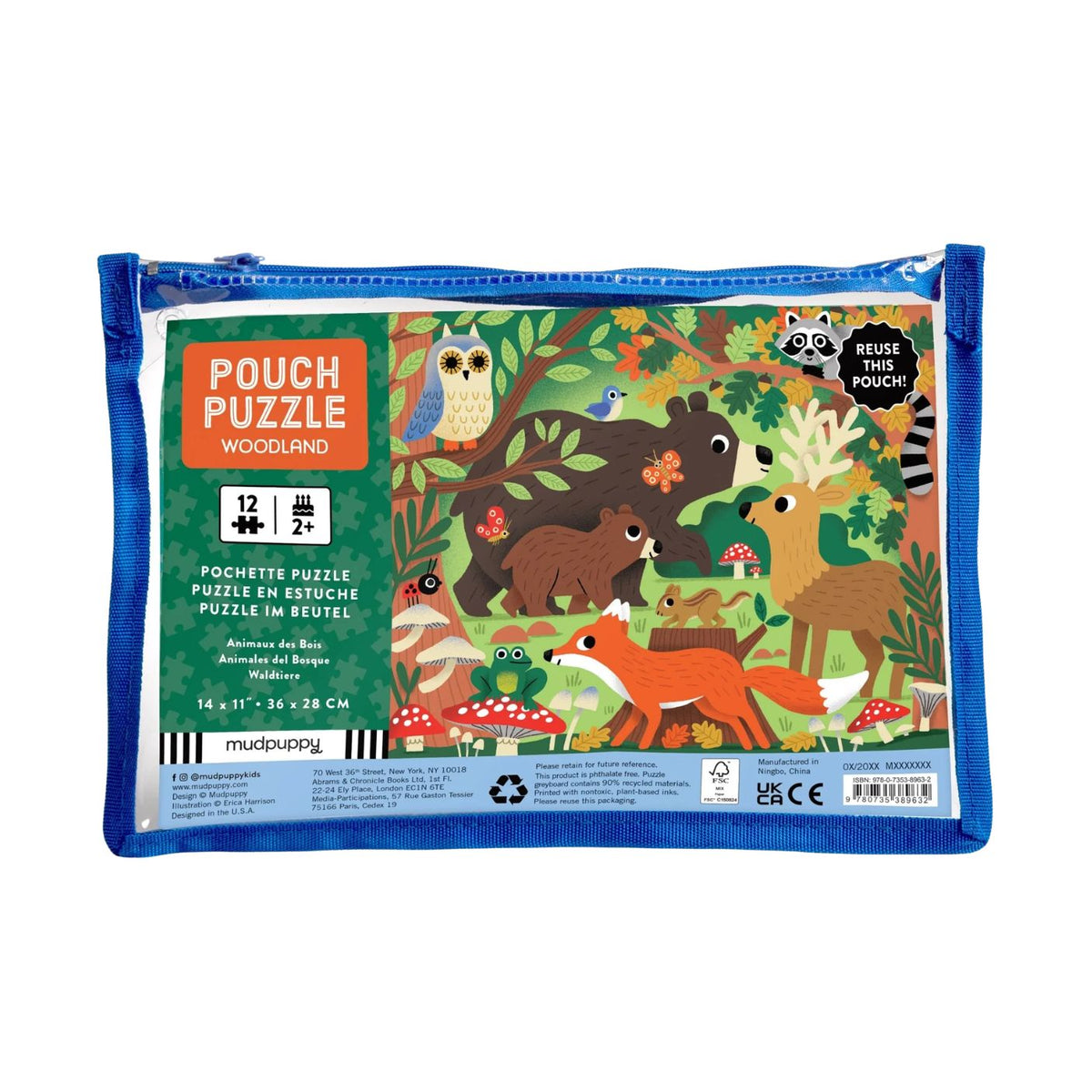 A clear product photo of the Woodland 12-Piece Pouch Puzzle by Mudpuppy in its blue-trimmed reusable clear plastic pouch, showcasing a vibrant woodland scene illustration featuring an owl, bear, deer, fox, and other forest animals.
