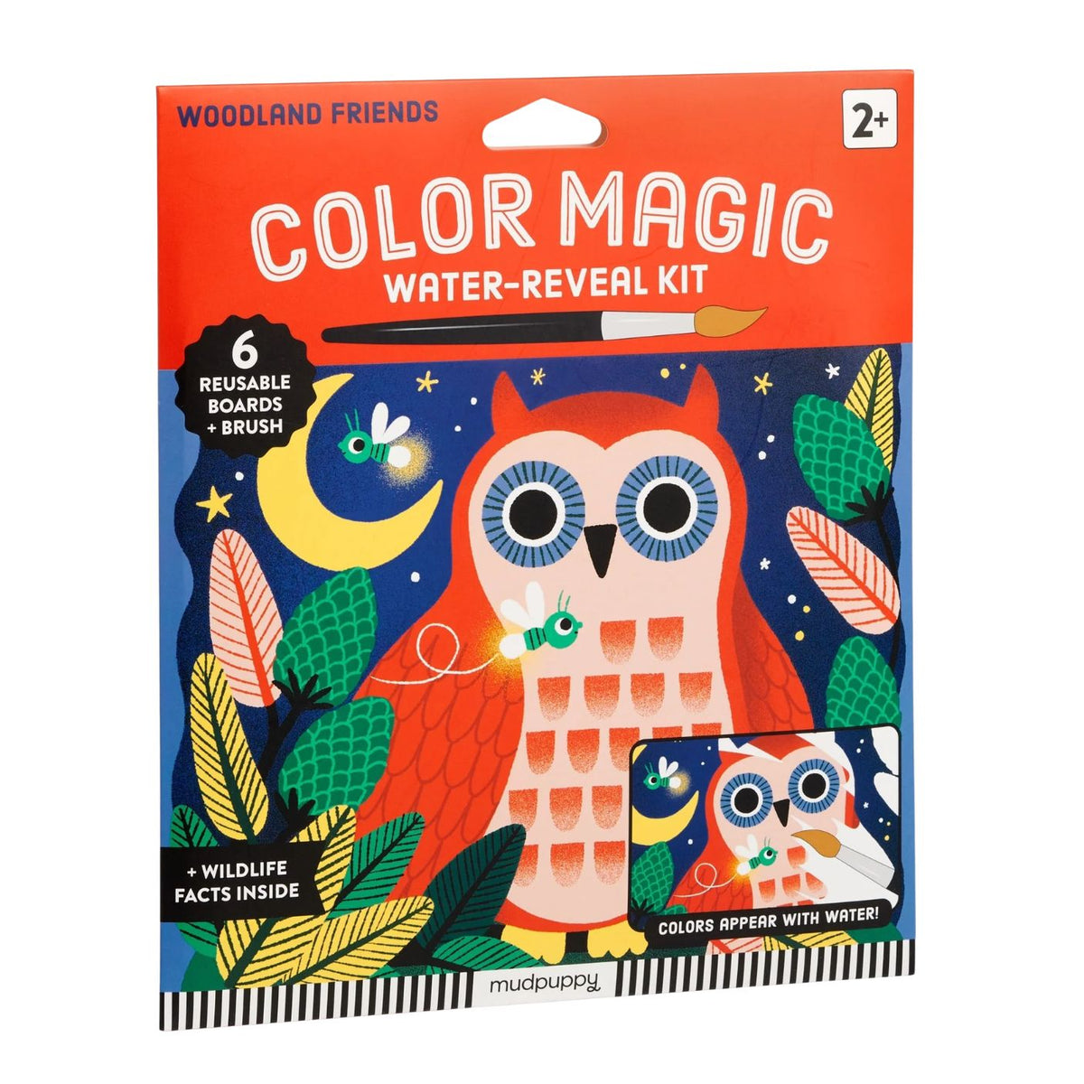 Product packaging for the Mudpuppy Woodland Friends Color Magic Water-Reveal Kit, featuring an illustration of a colorful orange and red owl against a starry night background with trees, leaves, and a crescent moon. The packaging indicates it includes 6 reusable boards and a brush, and is suitable for ages 2 and up.