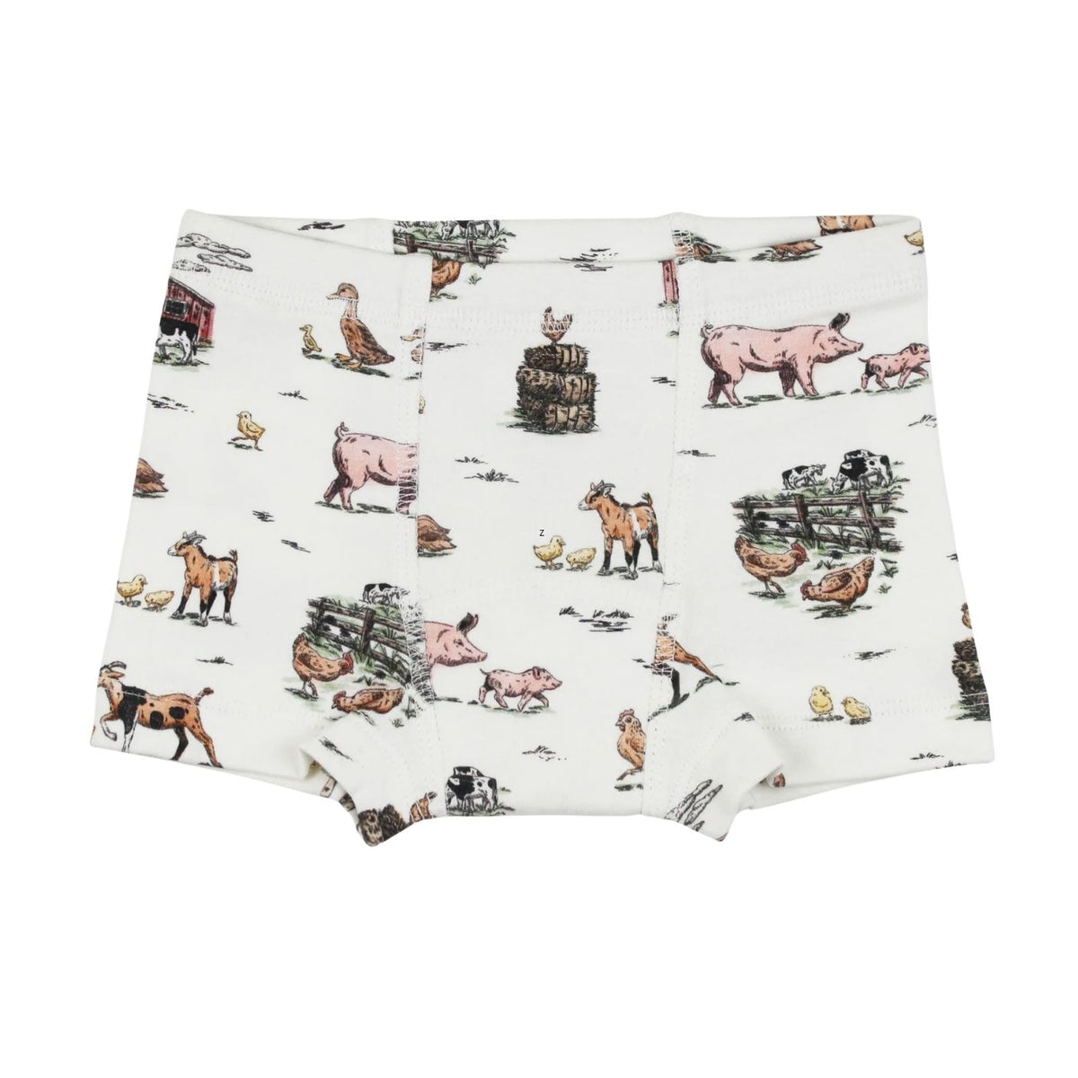 A pair of boxer briefs with an all-over print of Farm Friends and small patches of grass on a white background, shown as a clean product mockup on a white background.