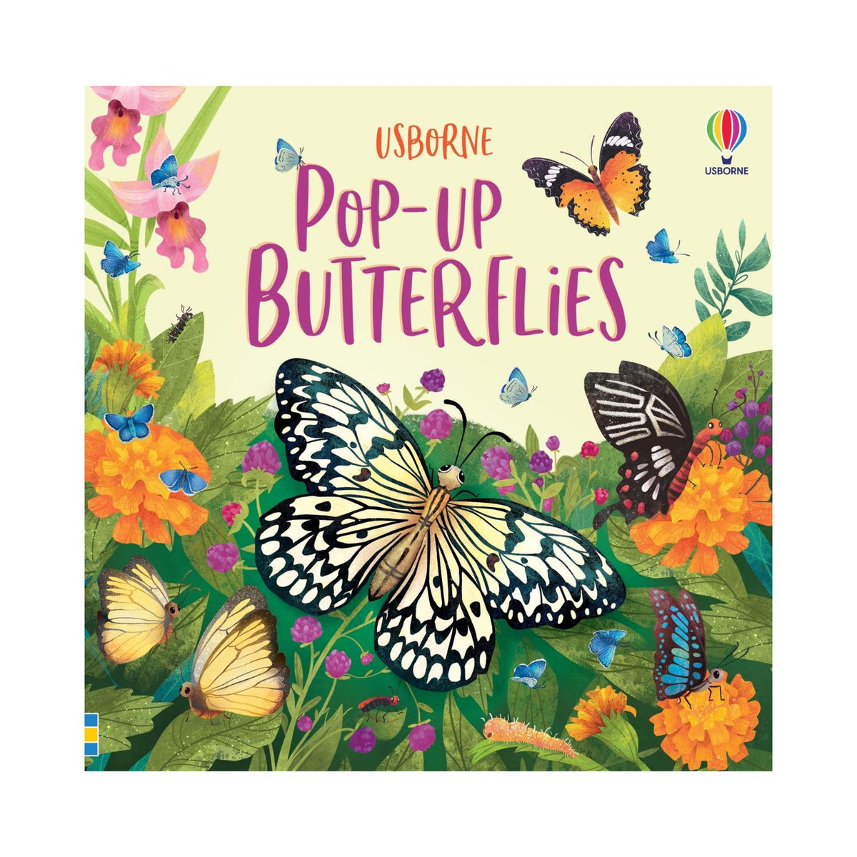 Usborne Pop-Up Butterflies book cover featuring colorful illustrated butterflies and flowers on a pale yellow background, with the title 'Pop-Up Butterflies' and Usborne branding visible.