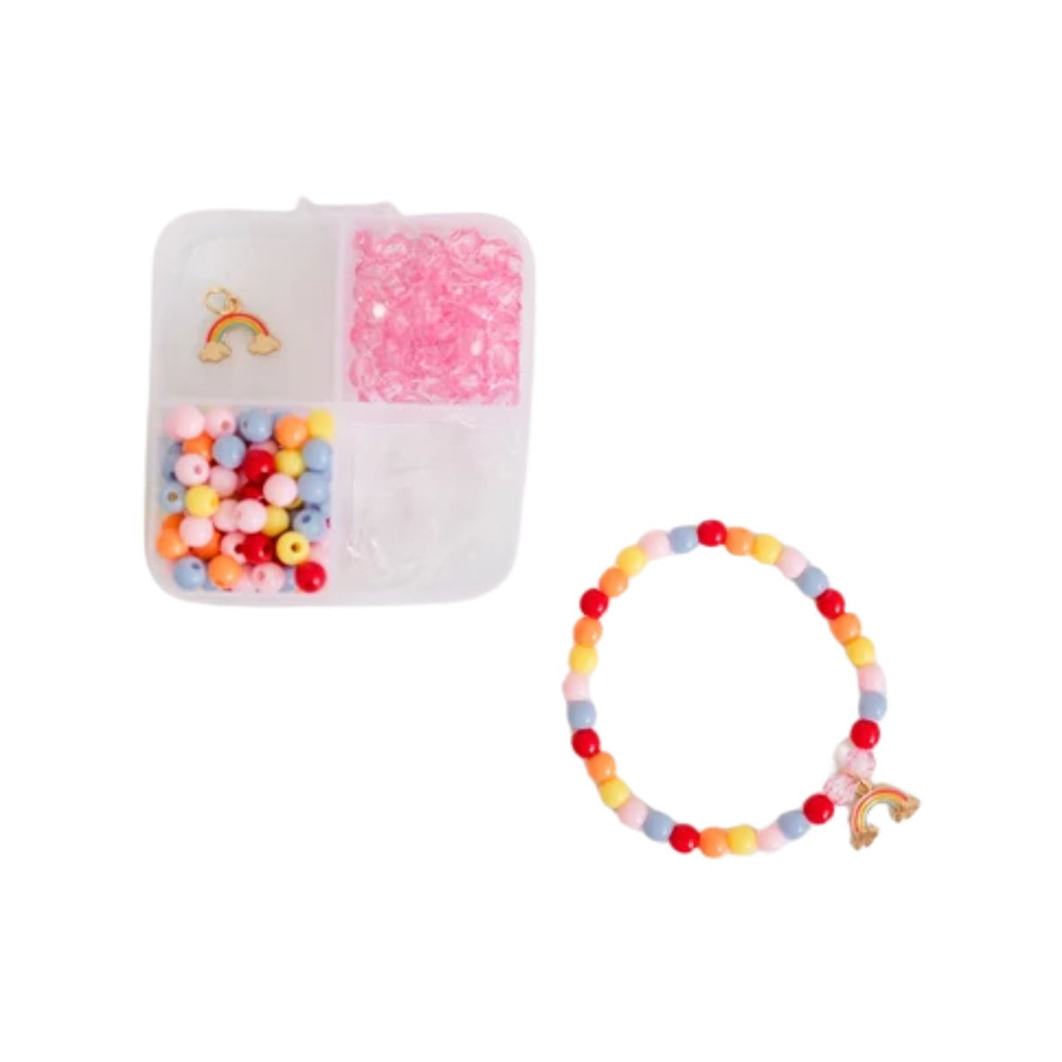 A clear plastic storage container filled with colorful beads and a gold rainbow charm, accompanied by a finished multicolored stretchy bracelet featuring the same rainbow charm on a white background.