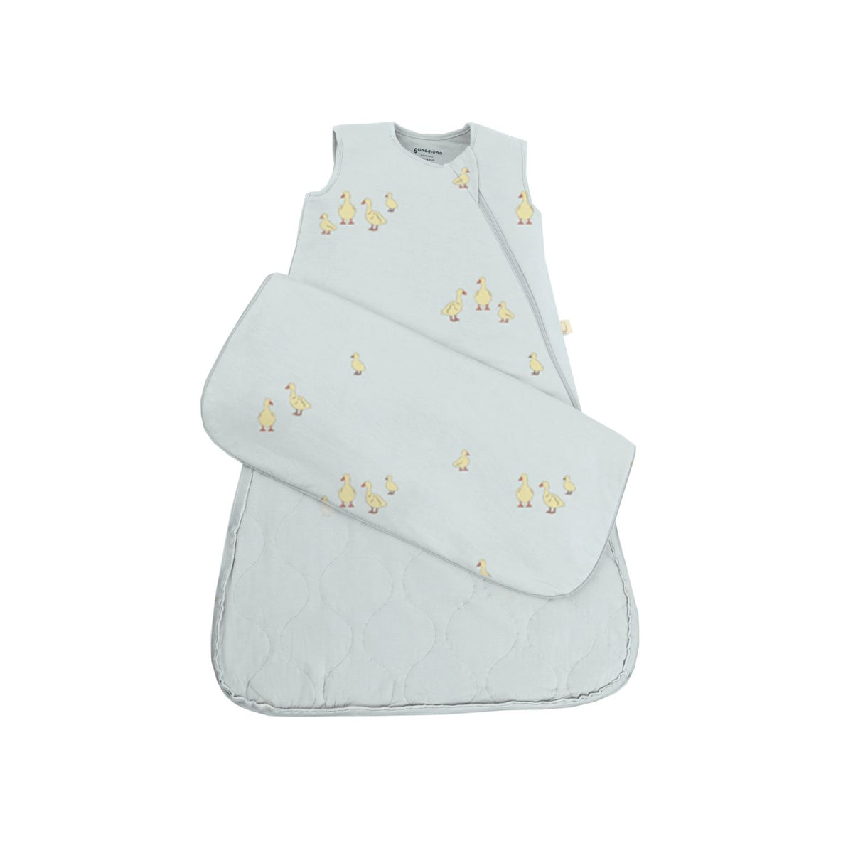 Light blue baby sleeping bag with yellow duck patterns on a white background