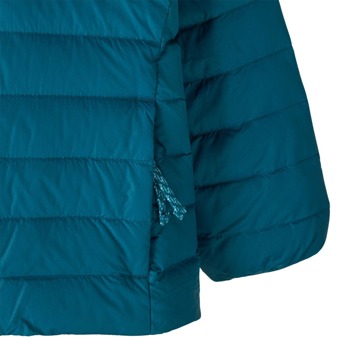 Close-up of a teal puffer jacket showing horizontal quilting, a sleeve, and a small shiny logo tab on a white background.