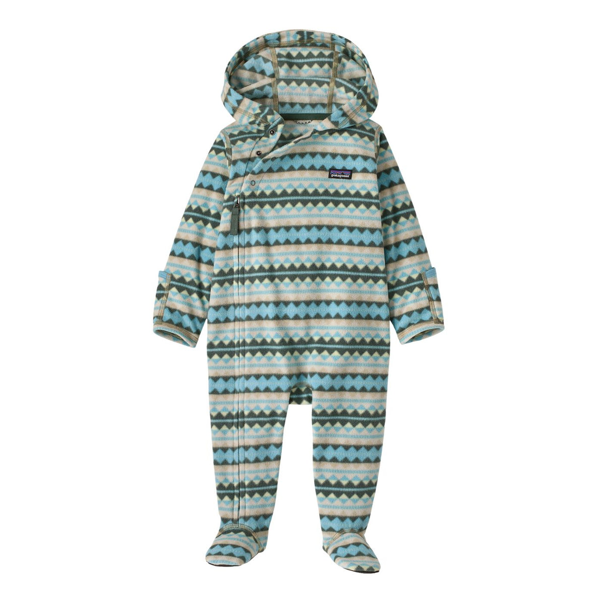A baby hooded footed one-piece snowsuit with a colorful geometric pattern in shades of blue, green, beige, and white. The Patagonia logo is visible on the chest.